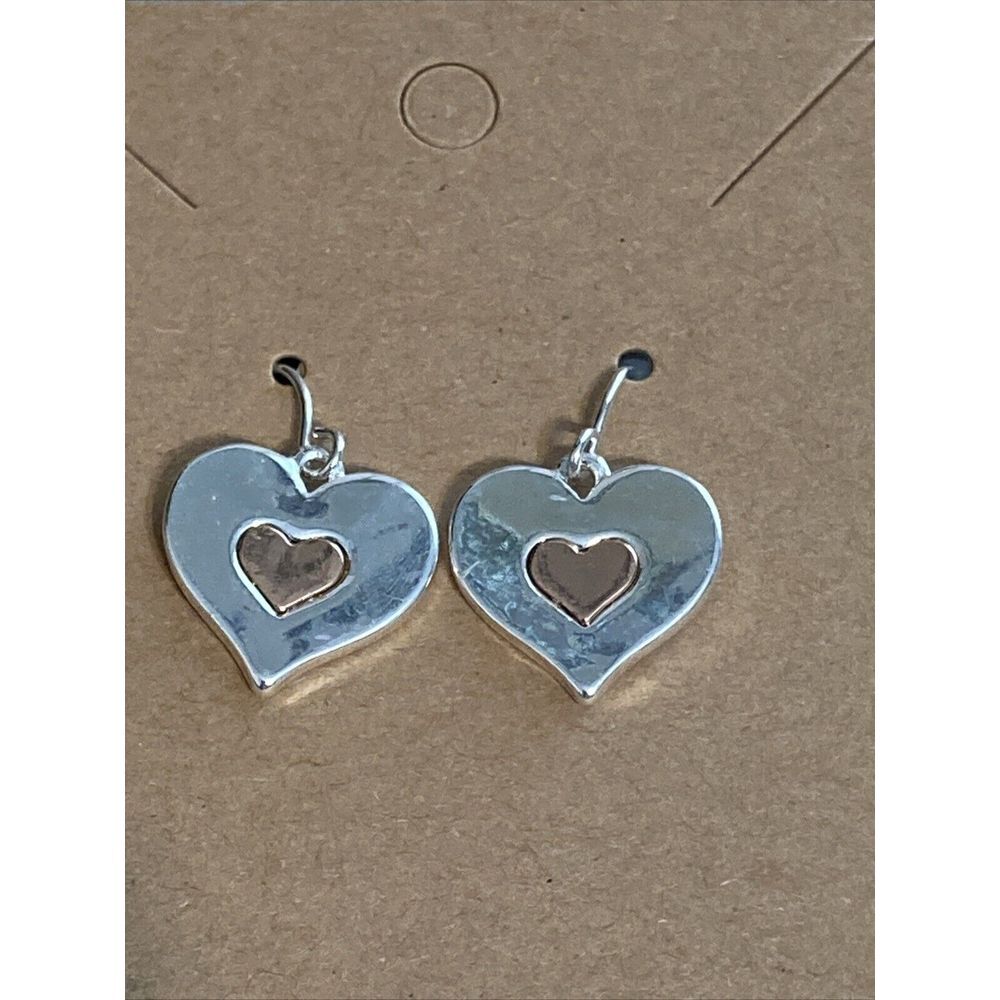 Heart EARRINGS Two tone Silver Rose gold Hook Drop Dangle
